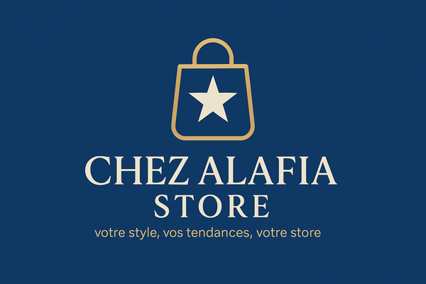 Je veux un logo avec un sac de shopping 🛍️ et une étoile intégré dans le sac. Avec le Nom de la boutique CHEZ  ALAFIA STORE et avec ( votre style, vos tendance, votre store) comme slogan publicitaire et le tout dans un fond bleu 